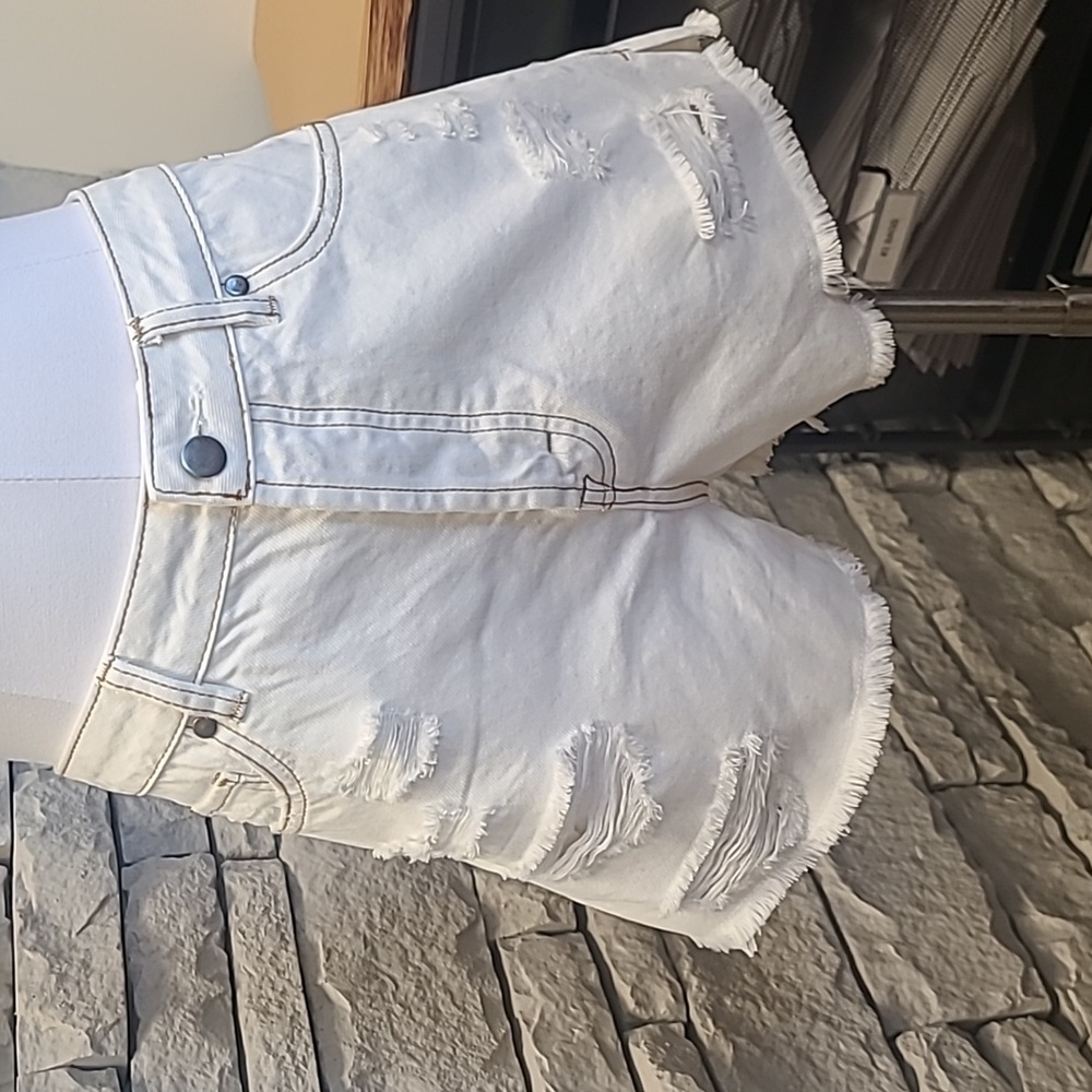 'Easel' white distressed denim shorts
